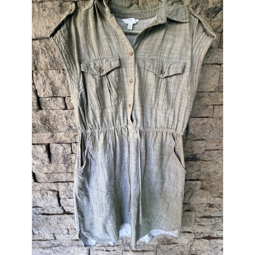 Time and Tru Utility Shirt Dress Women L 12 14 Olive Green Cotton Safari Utility